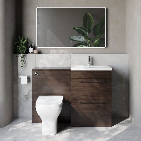 Napoli 390 Cento Brown Oak 1200mm 2 Drawer Vanity Unit Toilet Suite with Glide Basin - 1200mm - Chrome 320mm HandleWith Kingston Toilet Pan and Seat
