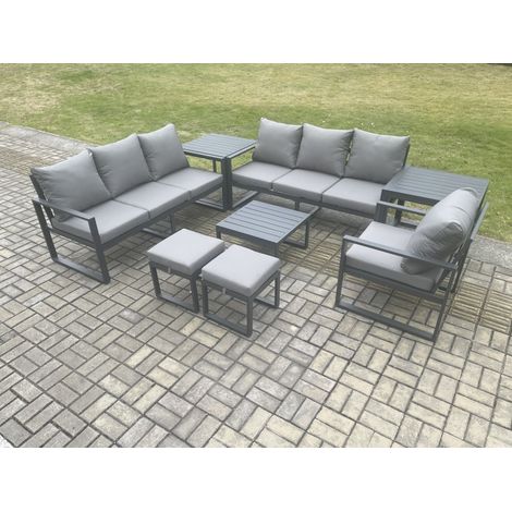 Fimous Aluminium 9 Seater Outdoor Garden Furniture Lounge Sofa Set with Square Coffee Table Chair 2 Small Footstools 2 Side Table Dark Grey (1/5)