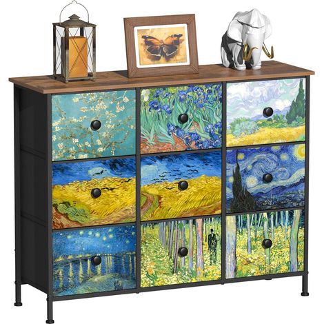 Commode fine et haute, avec 9 tiroirs, motif Van Gogh, pour chambre d'enfant, salon, couloir, chambre à coucher, bureau, structure en métal et panneau en bois (1/5)