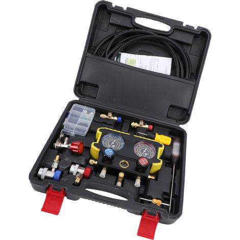 Kit manomètre manifold AC R134A R22 R410 – Jauge pression réfrigérant outil charge véhicules gaz/électriques, climatisation (1/5)