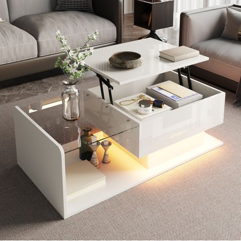Mesa de centro blanca brillo con tablero de vidrio templado, elevable, LED y almacenaje 100 cm (1/5)