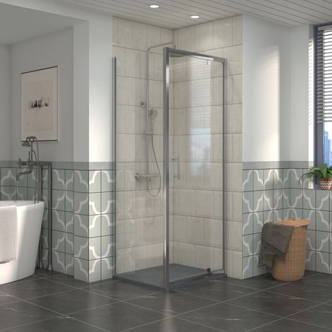 NRG Bathroom Pivot Shower Enclosure Chrome Framed + Side Panel, 700 x 1000mm Reversible Screen with Anthracite SMC Rectangle Shower Tray (1/5)
