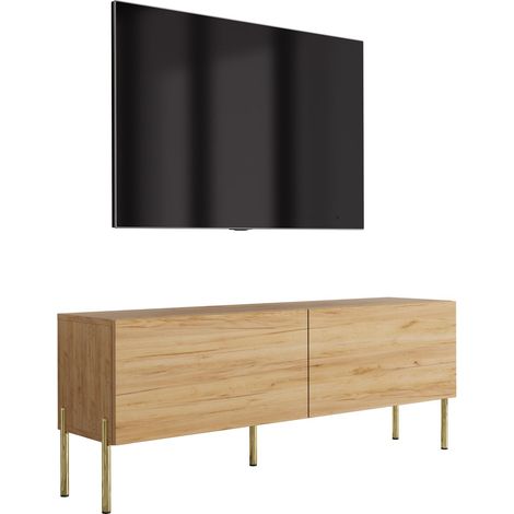 Meuble TV sur pieds 140 cm, 2 portes, Chêne Craft, pieds droits dorés, 140 x 32 x 52 cm (1/5)