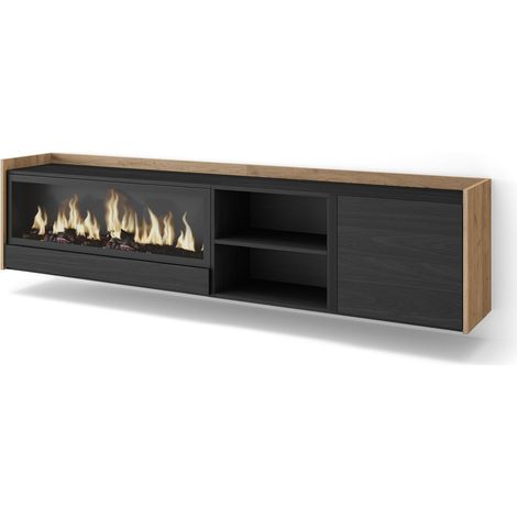 Skraut Home - Mueble TV, Televisión, Muebles de salón, almacenaje, 212x35x50cm, Para TV hasta 80", Chimenea eléctrica XXL, Colgado, Suspendido, Estilo Moderno, Negro y roble (1/5)