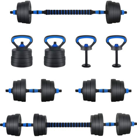 4-in-1 Dumbbell Barbell Kettlebell Set 20 kg Black and Blue vidaXL