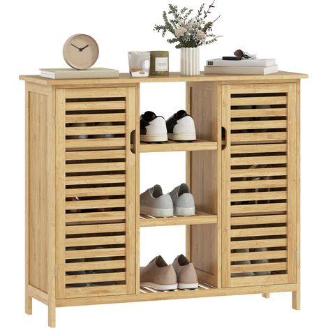 Armoire de rangement en bambou à lattes, 2 portes, étagères et compartiments ouverts, 100 x 33 x 86 cm, naturel (1/5)