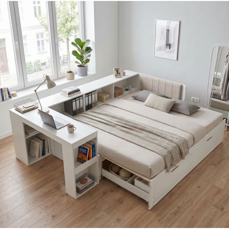 Doppelbett in L-Form 180x200 cm Holz & MDF Weiß mit Schreibtisch und Stauraum – MEUBLIV (1/5)