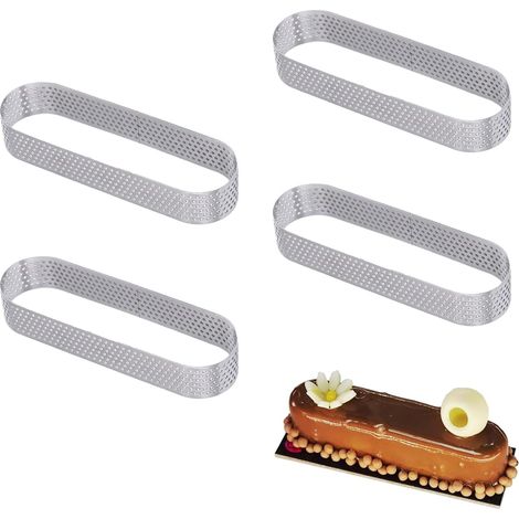 Set of 4 Perforated Tart Moulds, Oval Perforated Pie Circles, 13 x 4.5 x 2 cm, Suitable for Egg Pies, Desserts, Mousse and Fruit Cakes (1/5)