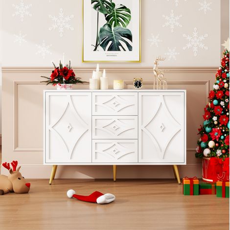 Sideboard Holzwerkstoff Weiß matt 120x40x80 cm, 3 Schubladen, 2 Türen, 3D-Rautenmuster, goldfarbene Metallfüße (1/5)