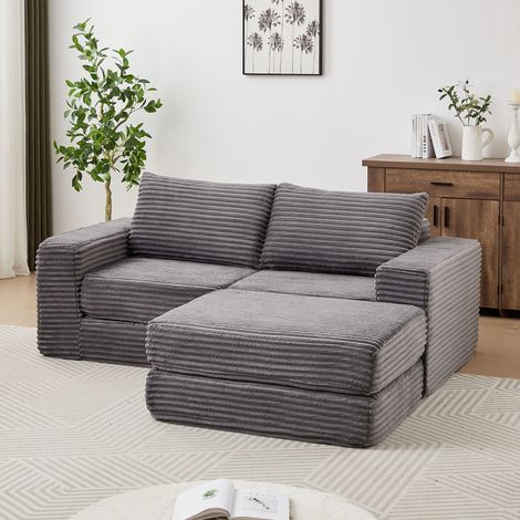 Sofá cama dos en uno de pana, sofá cama 2 en 1 de pana con dos almohadas, reposabrazos cuadrados clásicos, reposapiés extraíble, sofá modular con configuración flexible.