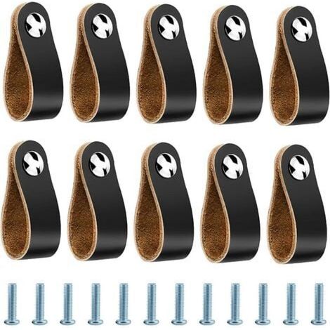 Poignées en cuir, lot de 10 poignées de meubles en cuir pour portes de placards de cuisine et de salle de bain - 14 x 2,5 cm, noires (1/4)
