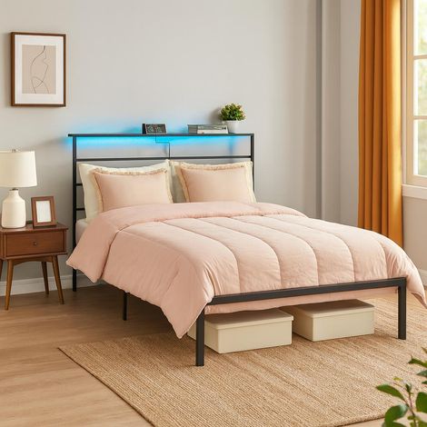 FurnitureR Black Double Bed Frame 140x190cm with LED and USB Ports (1/5)