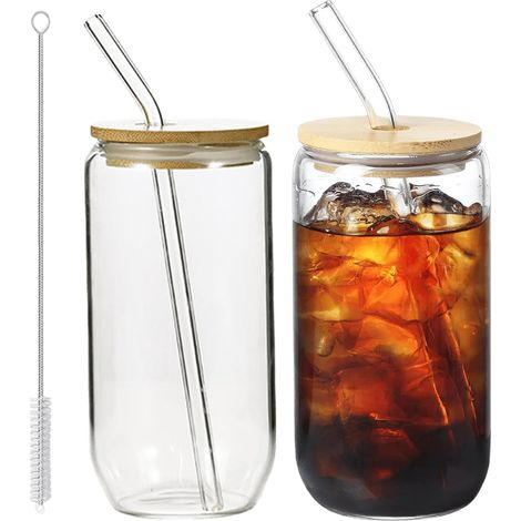 Lot de 2 gobelets en verre,500 ml,avec couvercle et paille,réutilisables,pour café glacé,smoothie,maison et bureau (1/5)