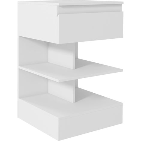 Comodino Moderno in Truciolato e MDF con un Cassetto e 2 Ripiani, 39x39x65 cm, Bianco
