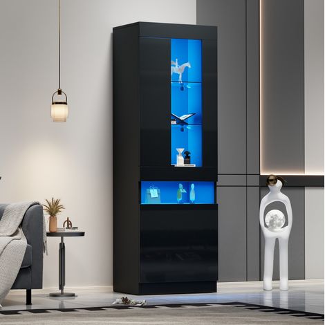 Vitrine 50x40x180 cm noire en panneaux de particules avec étagères en verre et éclairage LED USB (1/5)