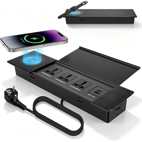 Prise Encastrable à Clapet 3 Prises, avec 2x USB-A 18W et Charge Sans Fil 15W, Prise Escamotable Encastrable en Alliage d’Aluminium, Mécanisme à Fermeture Amortie, pour Bureau, 350x100x50mm (1/5)