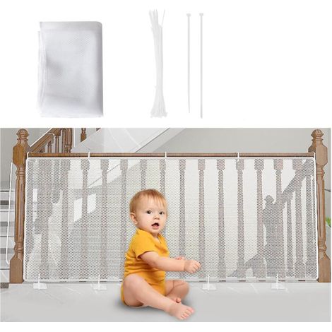 Blanc,Filet de Sécurité pour Enfants, Bébé Filet de Protection pour Balcon et Escalier, 450Lx90H CM Robuste Réglable Clôture D'escalier Barriere de Securite en Maille pour Chat et Jouet (1/5)