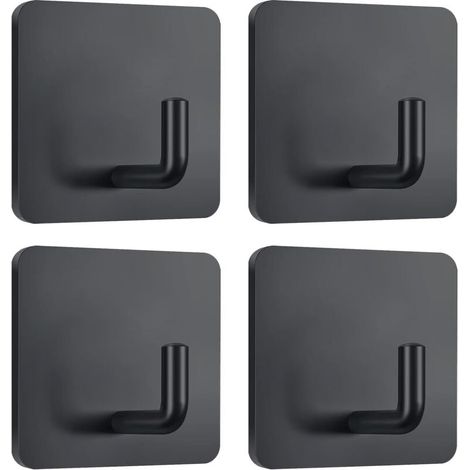 Adhesive hooks for towels, for hanging dresses, coats, wall hooks, stainless steel, pack of 4 (black) (1/4)