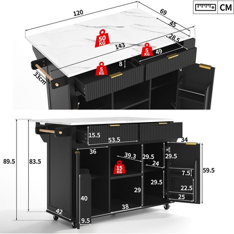 Îlot de cuisine 120 x 45 cm roulettes plateau rabattable deux tiroirs deux portes range-épices porte-serviettes rangement noir (1/5)