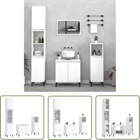 The Living Store 3-tlg. Badmöbel-Set Weiß Holzwerkstoff - Badmöbel-Set - Badezimmermöbel - Waschtischschrank - Spiegelschrank - Handtuchhalter (1/5)