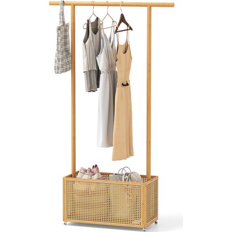 COSTWAY Bamboo Clothes Rack Coat Hanger Stand with Rattan Storage Basket-Natural