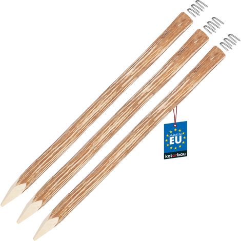 KOTARBAU® Lot de 3 Poteau Bois pour Palissade - Poteau de Clôture Ø 6 cm x 90 cm - Poteau en Bois de Noisetier - Poteau de Clôture Ganivelle - Pointu - Naturel - avec Crampons en U (1/4)