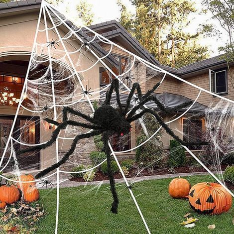 Décoration d'Halloween en toile d'araignée géante d'extérieur 7 x 5,5 m avec une araignée de 200 cm, décoration d'Halloween pour intérieur/extérieur (1/4)