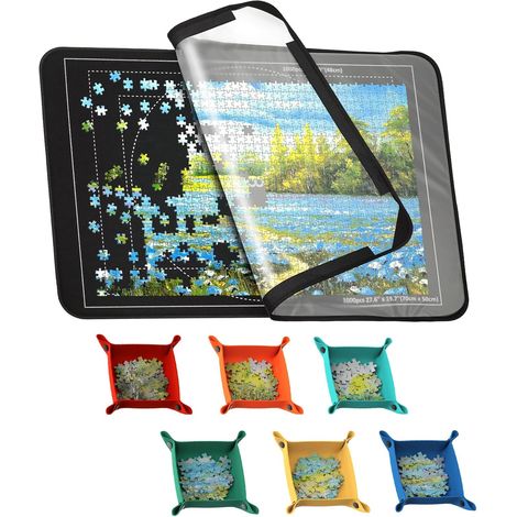 Puzzlebrett, 1000 Puzzleteile, 32 x 22 Zoll großes Puzzlebrett, Puzzlezubehör, Aufbewahrungsbox für einfaches Transportieren und Verstauen (1 transparenter Deckel, 6 Puzzlesortierschalen). (1/5)