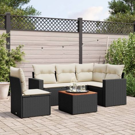 Ensemble salon jardin 6 places résine tressée noir avec coussins crème - Table acacia - Modulaire extérieur (1/3)