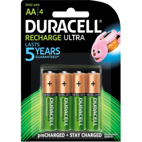 Blister da 4 batterie ricaricabili Ni-Mh stilo AA 1,2V 2500mAh Duracell "Recharge Ultra"