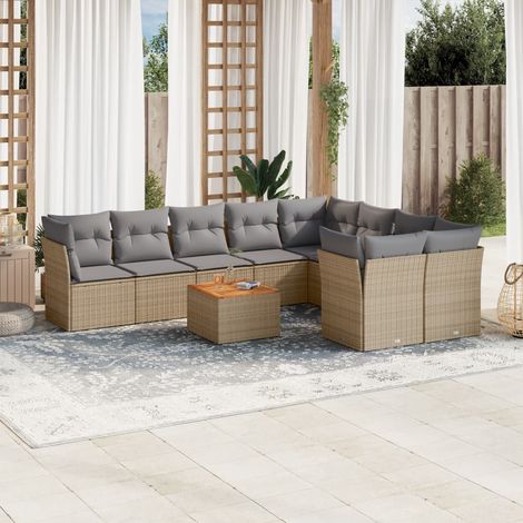 Ensemble Salon Jardin 10 Places Résine Tressée Beige avec Coussins Gris - Table Acacia Modulaire (1/3)