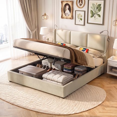 JOOKGBD-Polsterbett 160x200cm mit Stauraum, Doppelbett mit USB und Leseleuchte, Hydraulisch Stauraumbett, Jugendbett mit kopfteil, Bett mit Lattenrost,PU-Material,Für Schlafzimmer,Ohne Matratze,Beige (1/5)