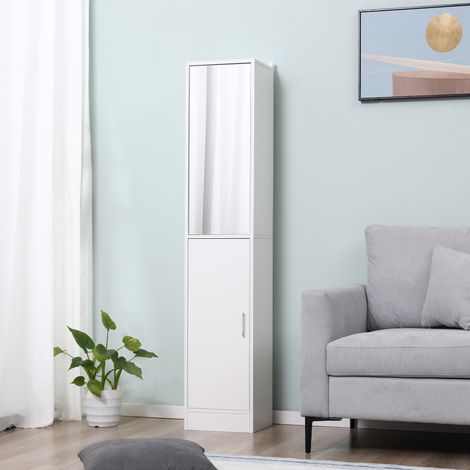 Étagère colonne design 5 niveaux en bois blanc avec miroir rabattable, 32x28x162 cm, rangement mural pour salle de bain. (1/5)