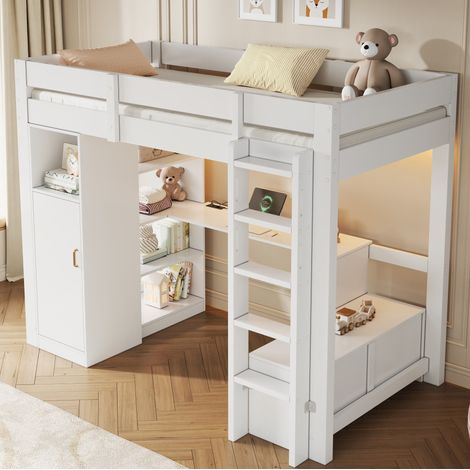 Letto a soppalco 90/200 cm bianco con scrivania, armadio e ripiani (1/5)