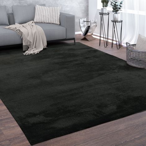 Paco Home Tapis De Salon Poils Ras Lavable Monochrome Style Moderne Noir 200 cm carré