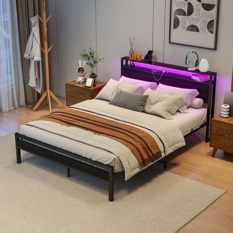 Lit double 140x200 cm en métal, tête de lit à 2 niveaux, LED, USB, USB-C et prise intégrée, sommier à lattes métalliques, MDF, noir (1/5)