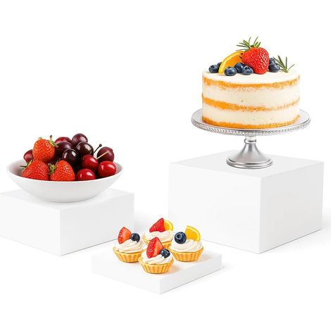 M.J COMFY-LIFE 3PCS Buffet Risers Acrylic Food Risers Cube Storage Boxes 6'' x 7'' x 8'' Cupcake Dessert Display Stands with Bottoms for Weddings Parties White Catering Jewelry Collectibles (1/5)