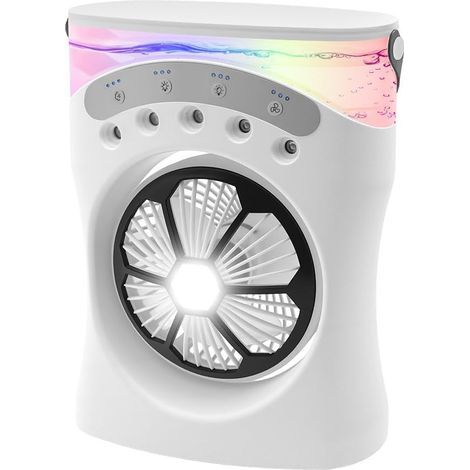 Mini climatizzatore portatile 3 in 1: raffreddamento, umidificazione e luce notturna. 3 velocità di ventilazione, serbatoio dell'acqua da 550 ml, rotazione a 180°, illuminazione COB e multicolore, por (1/5)
