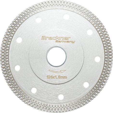 Disco diamantato turbo continuo 125 × 1,5 × 22,23 mm, taglio a umido/secco per ceramica dura, gres porcellanato, piastrelle. Breckner Germany (1/4)