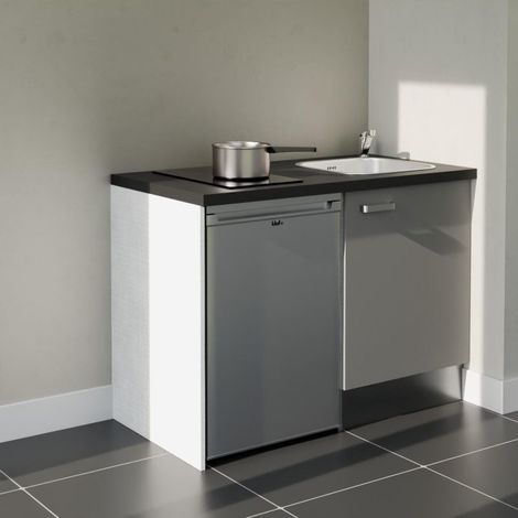 Kitchenette K08L-PT - 120 cm - plan stratifié, évier inox, - Façade Gris - Plan Noir texturé - Evier Inox - Crédences Non + Electroménager inclus coloris Inox (1/5)