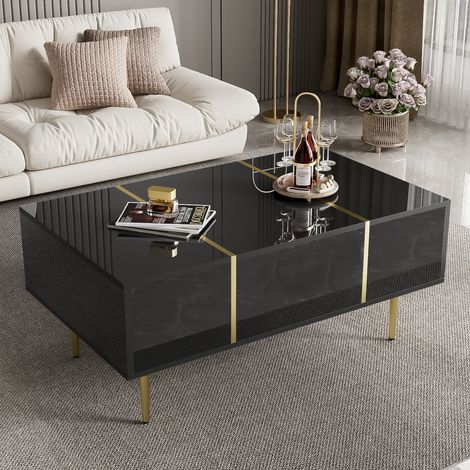 Table basse noire brillante, table d'appoint, avec 2 tiroirs, 100x60x42 cm (1/5)