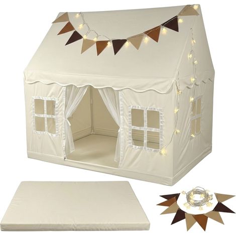 Relaxdays Spielzelt, HxBxT: 130 x 125 x 95 cm, Lichterkette, 3 Fenster, Vorhang, Stecksystem, Kinder Spielhaus, beige (1/5)