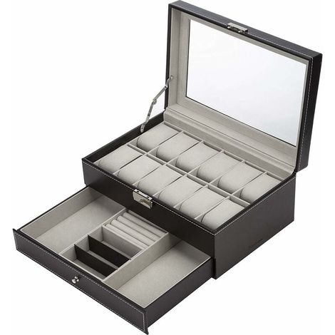 1 Boîte de rangement, étui en cuir PU avec couvercle en verre, tiroir à bijoux, pour 12 montres, usage personnel ou commercial (1/5)