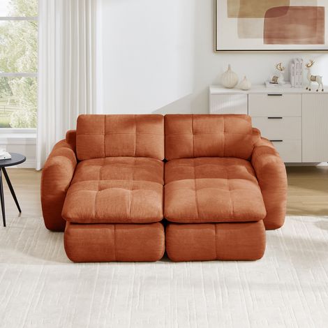 Canapé droit 2 places chenille Orange - Canapé modulable avec 2 poufs, Canapé sans montage - Garnissage mousse haute résilience (1/5)