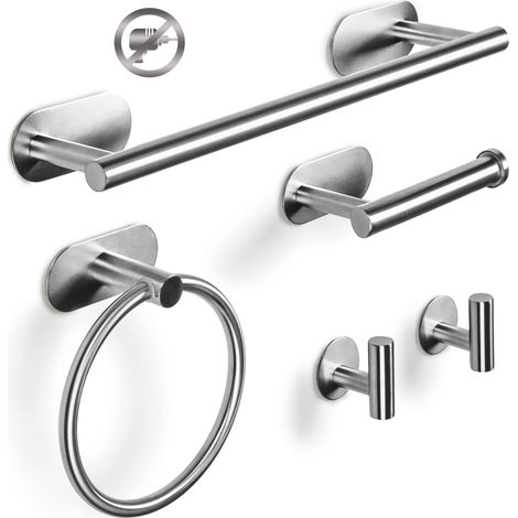 Barres Porte-Serviettes Ensemble 5 Pièces Barre de Serviettes de Bains Porte-Serviettes Anneau de Serviette Crochet Acier Inoxydable 304 Ensemble de Porte-Serviettes Auto-adhésif (Argent) (1/5)