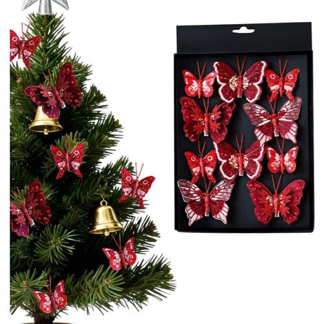 Lot de 10 Décorations de Noël en Forme de Papillon, Papillons Creux à Paillettes de la Fête, Pendentif Arbre de Noël, Ornements avec Pinces pour Mariage, Anniversaire ou Fêtes, Cadeaux de la Fêtes