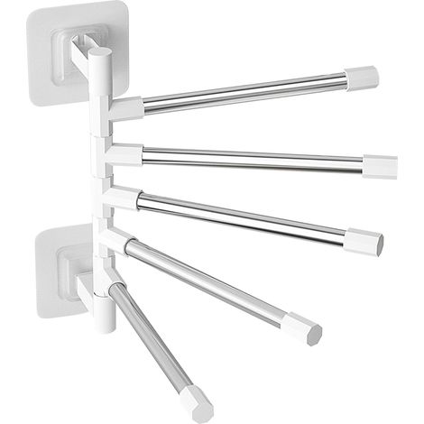 Porte Serviette Salle De Bain sans Percage,Seche Serviette Handtuch Aufbewahrung Bad avec Cinq Tiges Pivotantes Pivotant à 180° Convient pour La Cuisine Et La Salle De Bains (Blanc) (1/5)