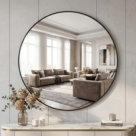 Miroir mural rond 90 cm Incassable Cadre en aluminium Salle de bain À suspendre et s'appuyer Miroir chambre à coucher, salle de bain, salon (1/5)