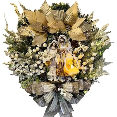 Beleuchteter Weihnachtskranz für den Außenbereich – integrierte Lichter, Krippenszene, Wanddekoration (40 cm) (1/5)