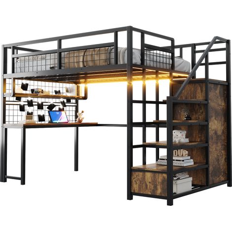 Lit Mezzanine 140x200 Métal Noir avec Bureau, Armoire et Escalier de Rangement, Lit Surélevé 2 Places Adulte Ado avec LED et Prises (1/5)